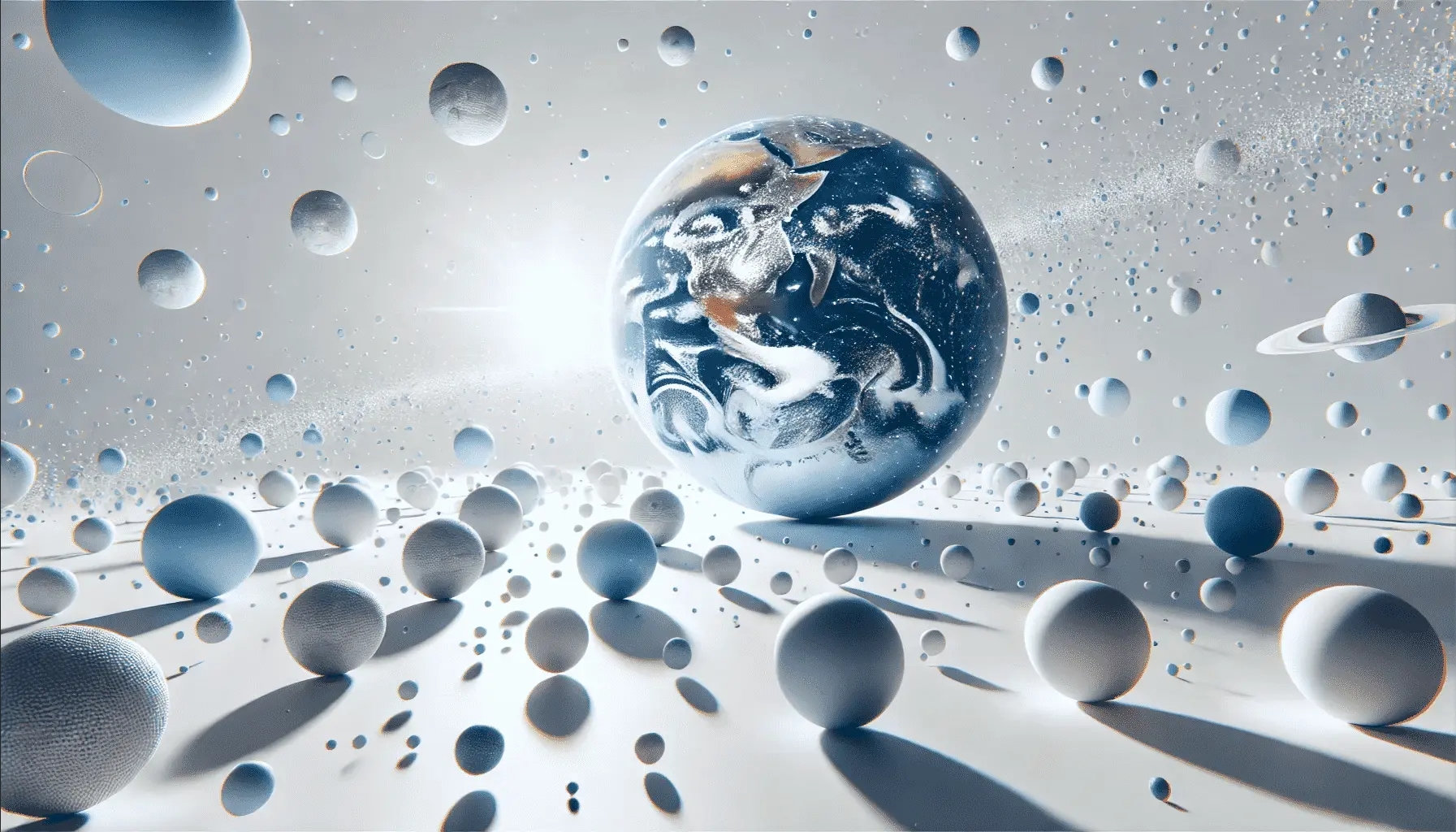 An illustration of a stylized Earth surrounded by numerous smaller spheres and planets, some with rings, floating in space. The Earth is depicted with vibrant blue and white colors, while the surrounding spheres are in varying shades of blue and grey, suggesting a cosmic or orbital theme.